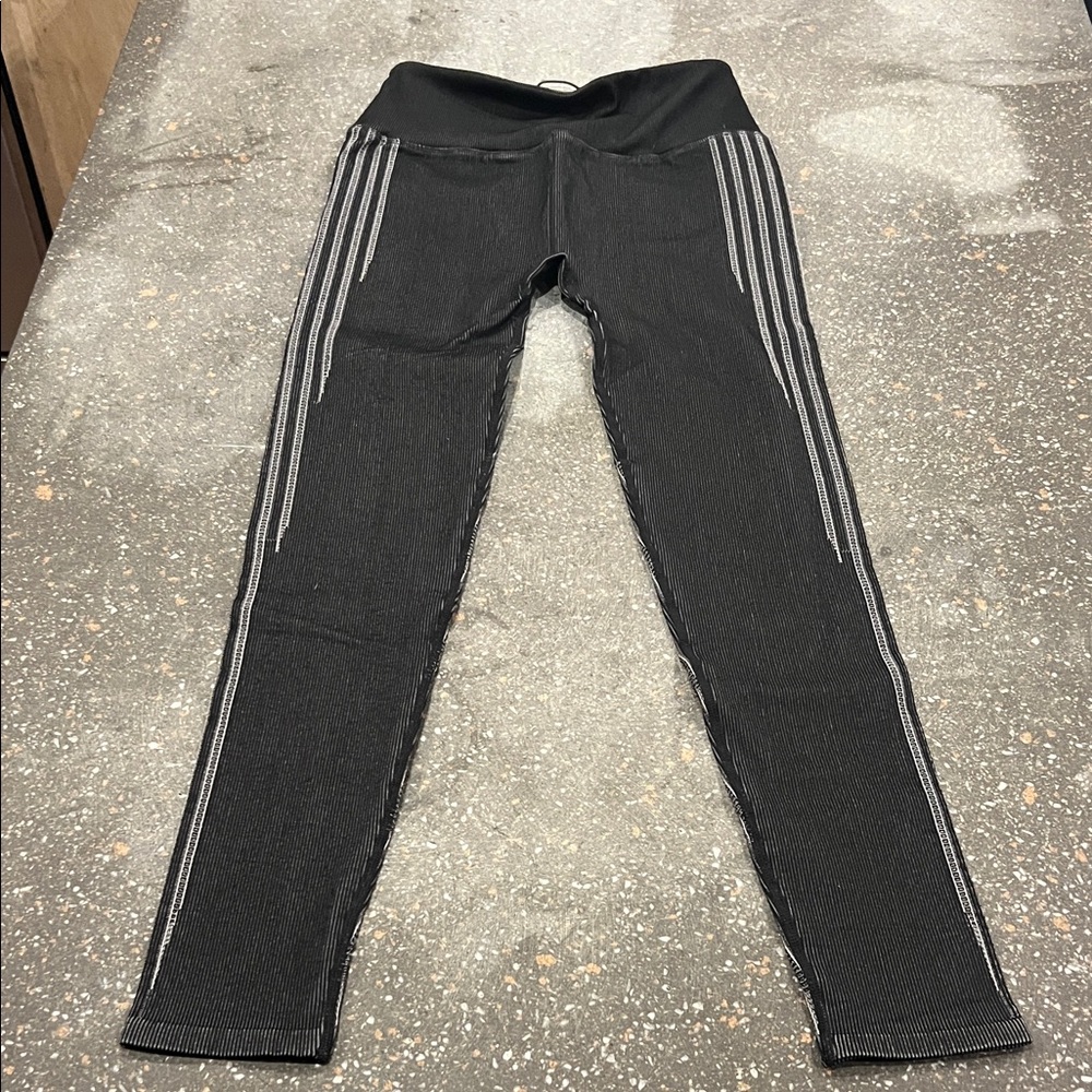 Fabletics Black Leggings with Gray Stripes